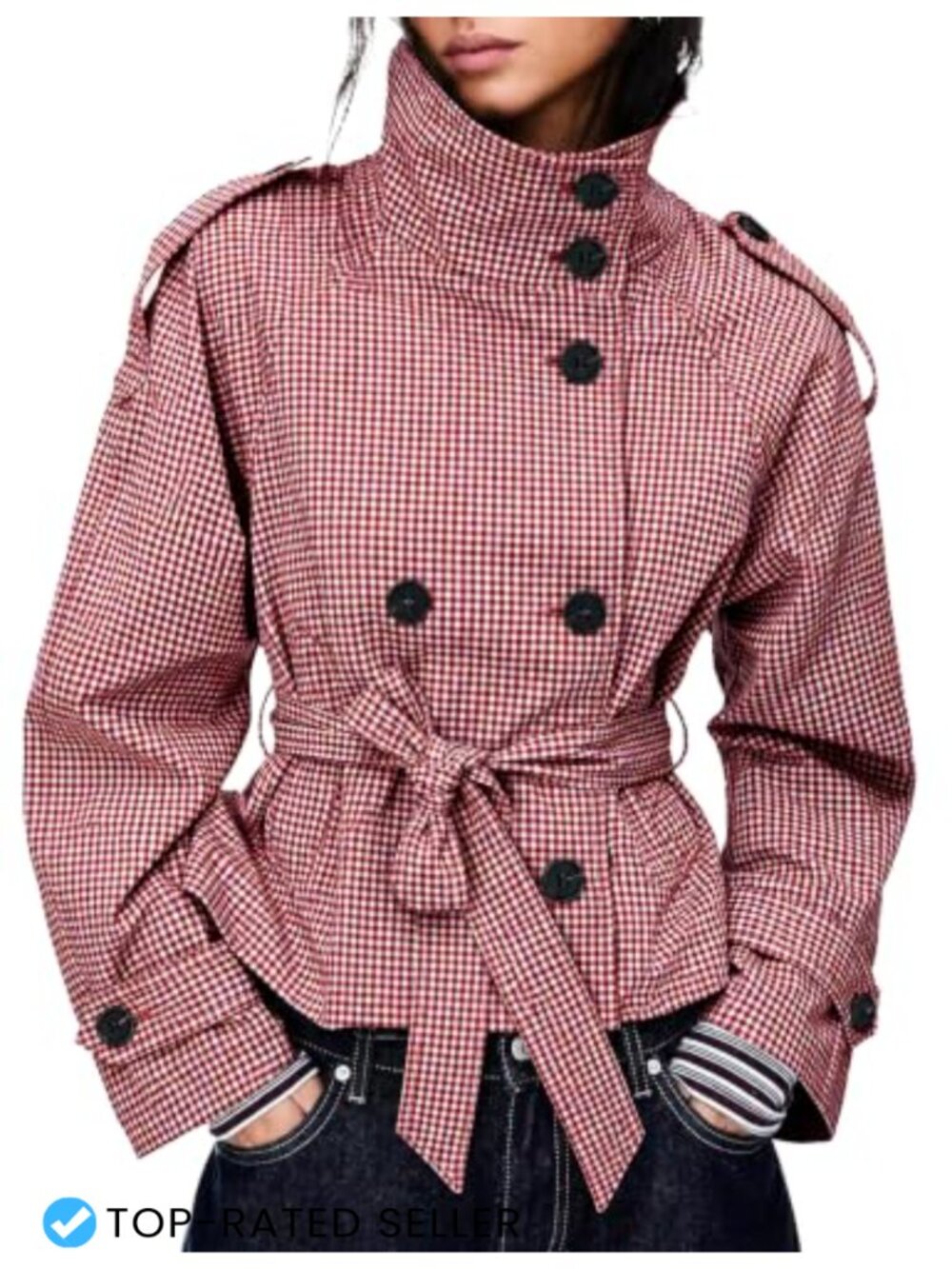 Gingham Trench Coat Double Breasted Short Jacket Belted